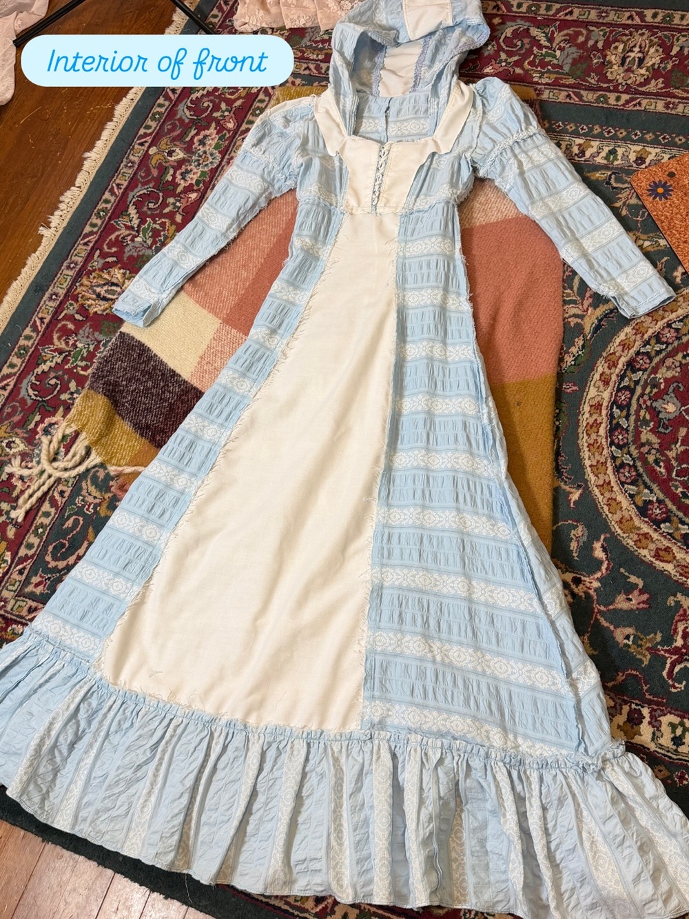 Rare White Label Gunne Sax Blue and White Hood with Blue and Pink Trim, 7 - Picture 14 of 16